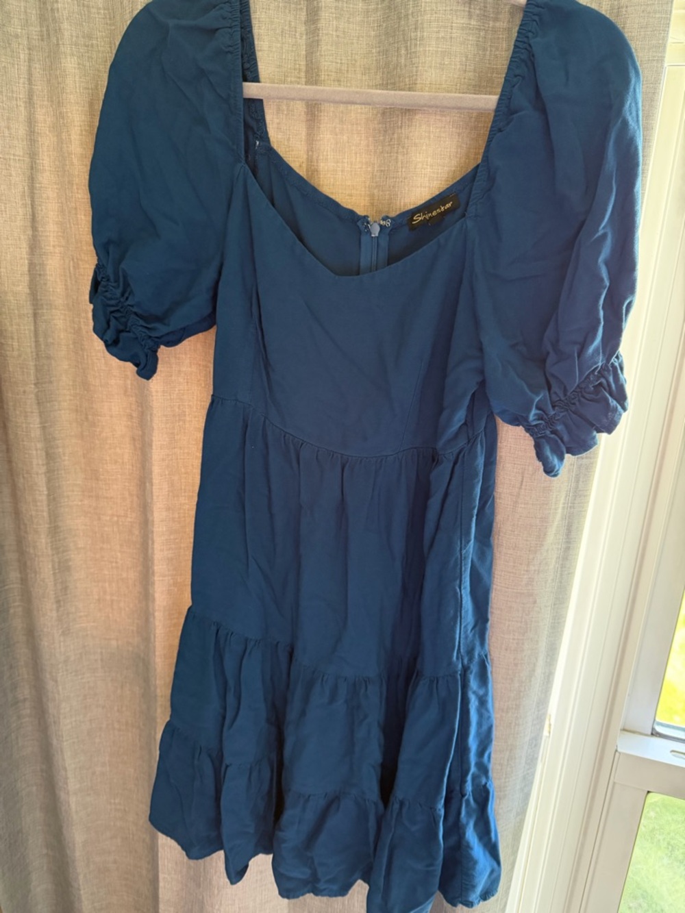Deep Blue Puff Sleeve Tiered Dress